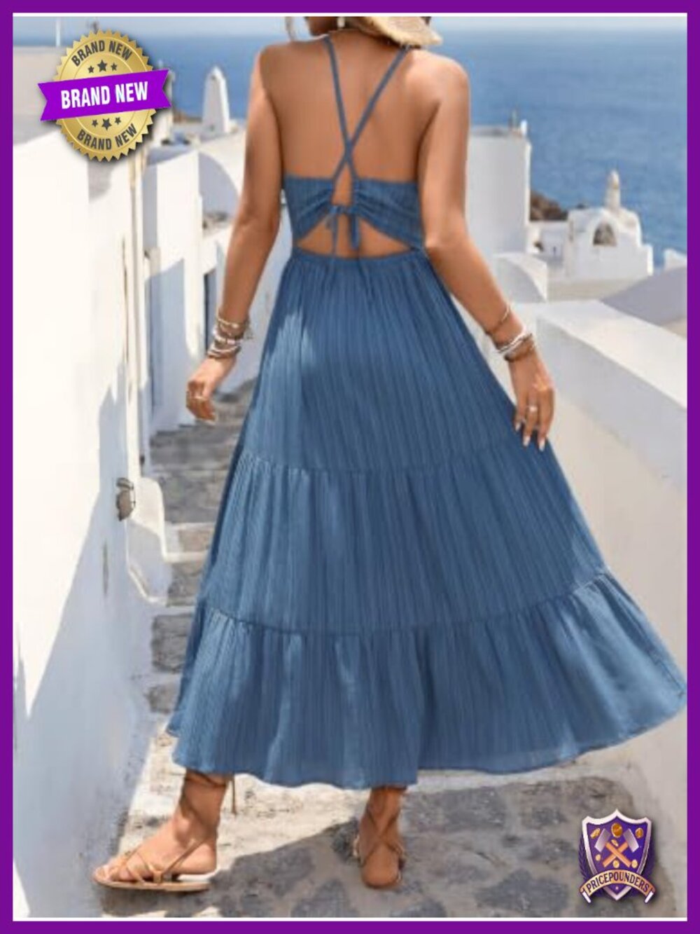 Spaghetti Strap Tiered Maxi Dress - Backless Flowy Pleated Swing Boho Dress - Picture 2 of 5